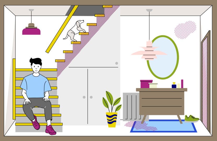 Illustratie van een ruimte die door kan gaan voor een gang of  een hal met een trap