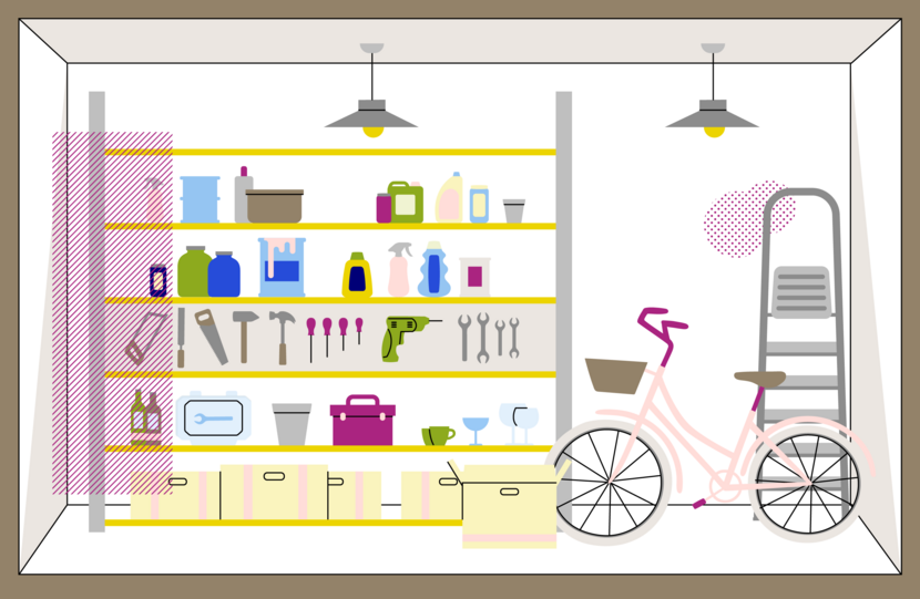 illustratie van een schuur met een kast en een fiets