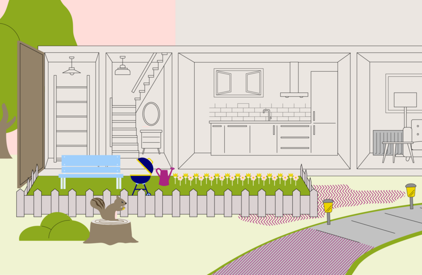 Illustratie van een tuin en een toegangspad naar een woning